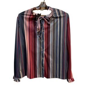 Vintage vertically striped blouse 80s shirt ruffle neck / cuffs Sz M made in USA